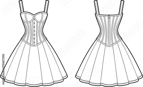 Elegant corset bodice dress illustration, sweetheart neckline, button front, zipper back, flared skirt, garment construction, technical fashion flat, design
