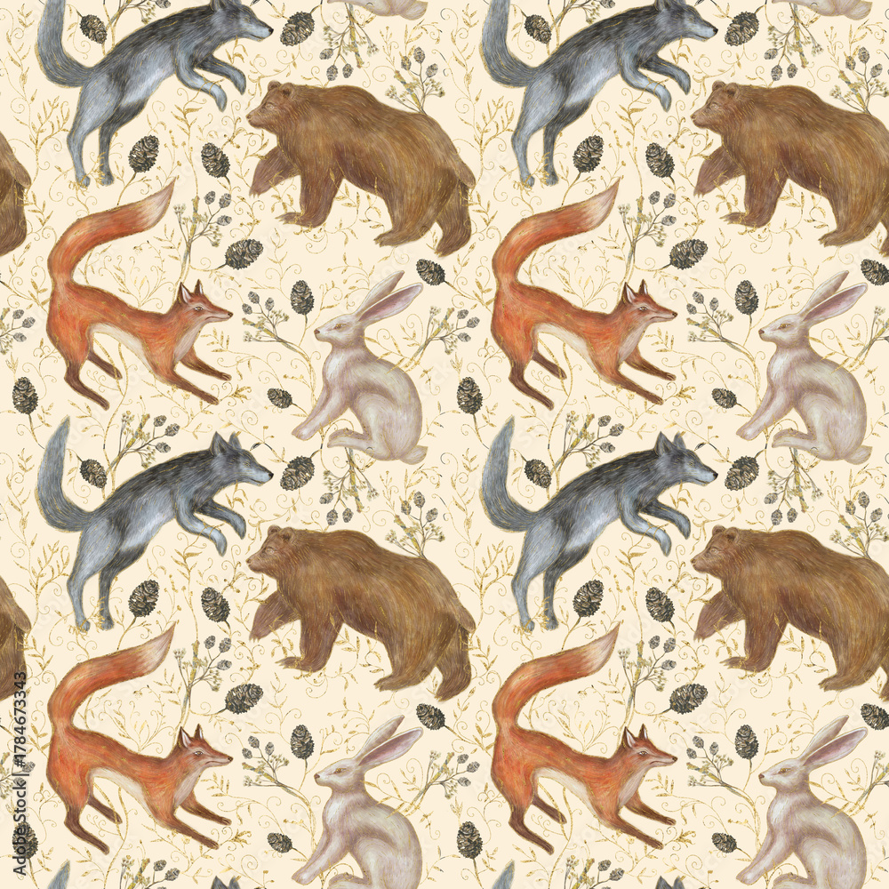 Fototapeta premium Seamless watercolor pattern with woodland animals — bear, wolf, fox, and hare among pine cones and forest plants. Hand-painted design perfect for fabrics, wrapping paper, and home decor.