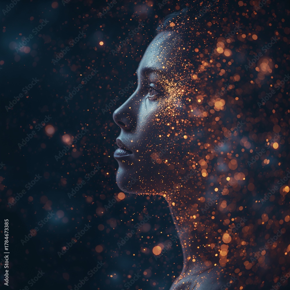 Fototapeta premium Dreamlike portrait of a figure dissolving into stars — visual metaphor of evolution and unity with the cosmos