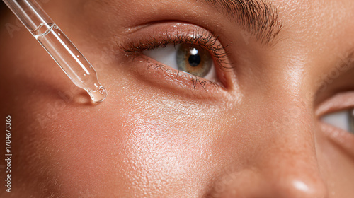 Close-up macro of transparent skincare serum dropper applying drops on smooth skin, natural glow, minimal background, clean beauty product advertising style.
