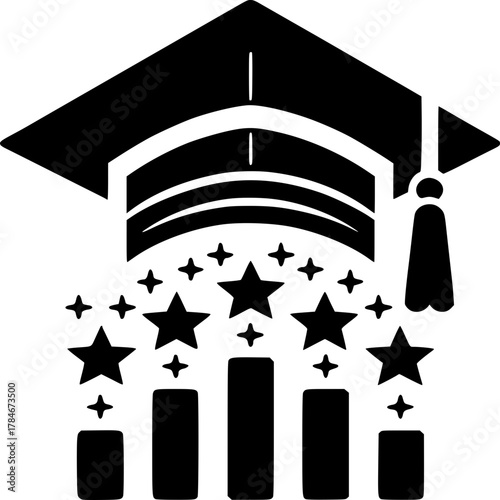 Academic Achievement Illustration: A visual representation of academic accomplishment, with a graduation cap. Five rising star icons symbolizing achievement.