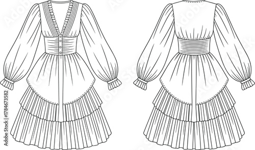 Elegant ruffle dress illustration, fashion flat sketch, technical garment drawing, tiered skirt design, voluminous sleeves, structured waistband, couture apparel artwork, professional