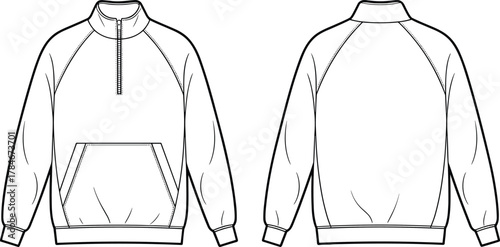 Half zip pullover sweatshirt front and back view, casual fashion flat sketch, technical clothing design template, unisex streetwear apparel illustration