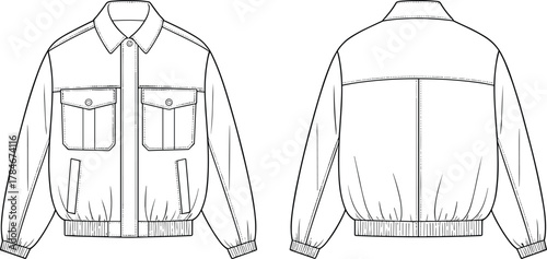 Jacket fashion illustration, technical garment flat, front and back view, zipper closure, flap pockets, ribbed cuffs, waistband, construction detail drawing