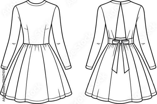 Long sleeve dress flat sketch, round neckline, fitted bodice, flared skirt, bow back detail, cut‑out design, technical garment illustrationLong sleeve dress flat 