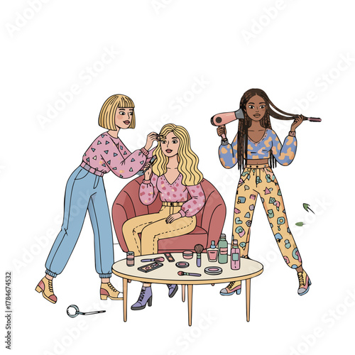 Three women friends having fun while doing makeup and hair styling together in a brightly lit room with pastel colors and modern outfits