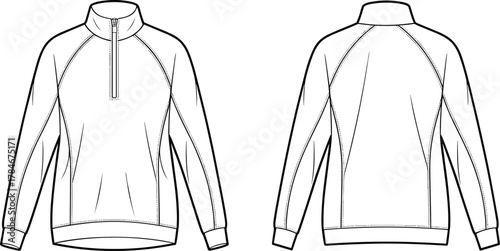 Long sleeve pullover illustration, fashion garment flat, high collar design, partial zipper closure, raglan sleeve detail, apparel technical drawing, stylish 
