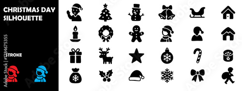 Christmas Day Silhouette Vector Set – Santa, Reindeer, Tree, and Celebration Icons