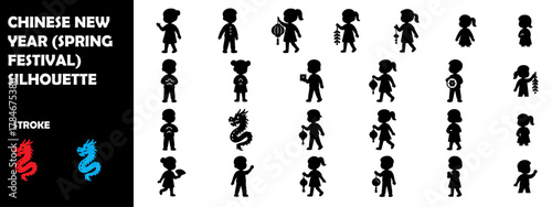 Chinese New Year (Spring Festival) Silhouette Vector Set – Lanterns, Dragons, and Fireworks Icons