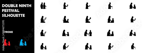 Double Ninth Festival Silhouette Vector Set – Chinese Tradition, Mountain Climbing, and Respect Icons