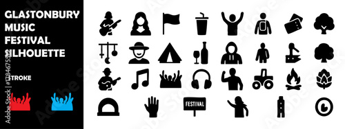 Glastonbury Music Festival Silhouette Vector Set – Live Concert, Crowd Dancing, and Stage Performance Icons