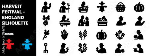Harvest Festival England Silhouette Vector Set – Farming Celebration, Autumn Crops, and Thanksgiving Icons