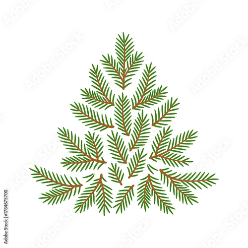 stylized fir tree shape constructed from an arrangement of separate green and brown branches. flat vector illustration, perfect for holiday greeting cards, winter logos, and seasonal design elements