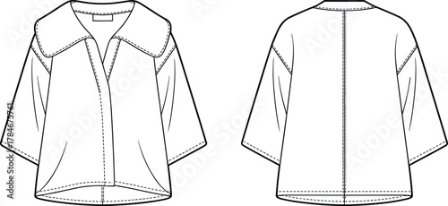 Loose‑fit jacket flat sketch, wide collar, three‑quarter sleeves, curved hemline, front opening, structured design, technical garment illustration, fashion 