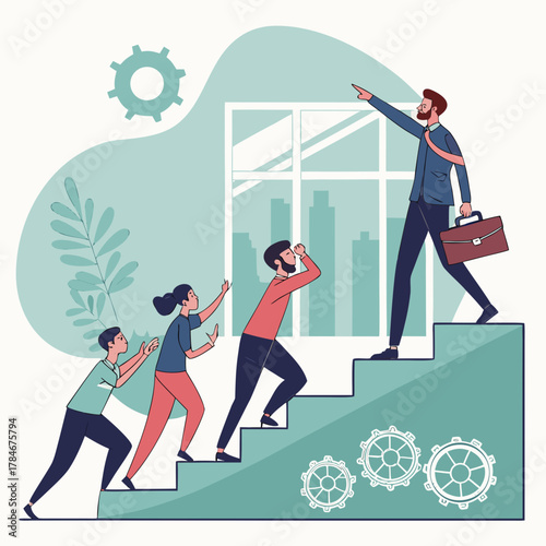 Illustration of leadership and management with leader guiding team to success
