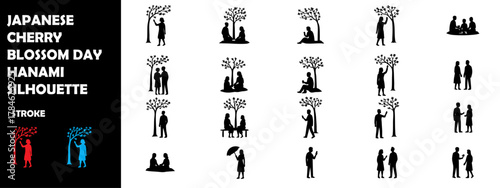 Japanese Cherry Blossom Day Hanami Silhouette Vector Set – Sakura Celebration and Spring Picnic Icons