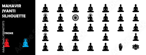 Mahavir Jayanti Silhouette Vector Set – Jain Festival, Peace, Spiritual Meditation Icons