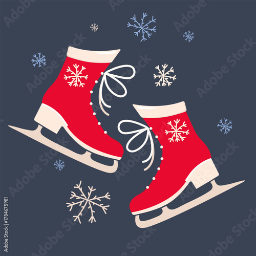 Red skates on a blue background with snowflakes.