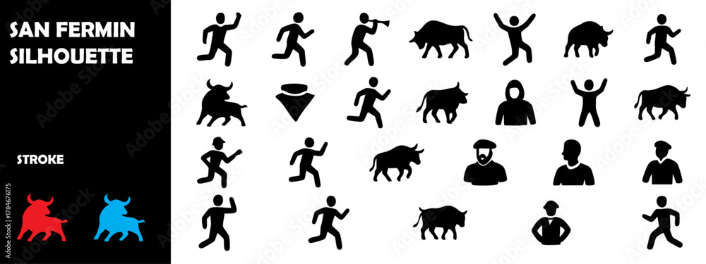 Obraz premium San Fermín Festival Silhouette Vector Set – Running of the Bulls, Pamplona Spain Cultural Celebration Icons