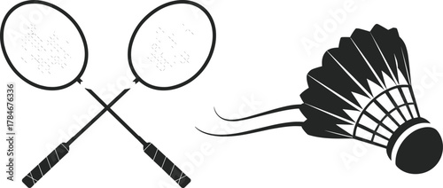 Badminton rackets and shuttlecock vector illustration showing crossed rackets with flying shuttle, professional sports equipment design for game competition