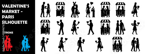 Valentine’s Market Paris Silhouette Vector Set – Love Fair, Romance, Gifts, and Heart Decorations
