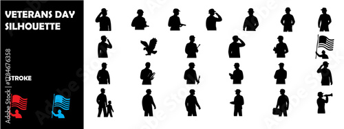 Veterans Day Silhouette Vector Set – Military Tribute, Soldiers, Flags, and Patriotism Icons