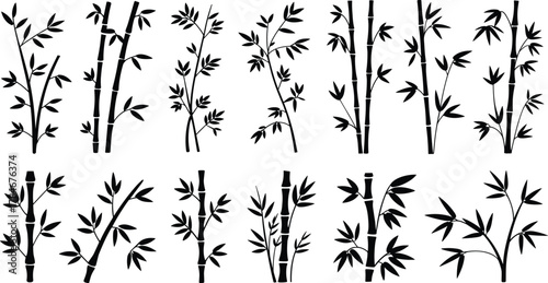 Bamboo plant silhouette vector illustration set with branches and leaves, tropical Asian nature design elements for decoration and art.