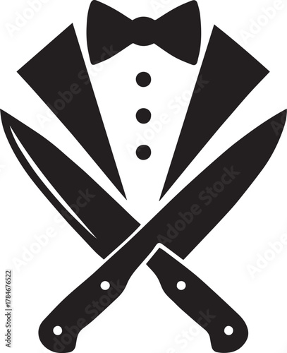 Culinary Elegance: A stylish emblem of culinary excellence featuring crossed knives, a tuxedo jacket, and a bow tie, representing the refined art of cooking and fine dining.