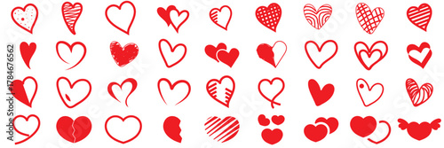 Red hand-drawn heart icons pattern background. A seamless pattern of red hand-drawn heart icons on a white background, symbolizing love, romance, and Valentine's Day themes.

