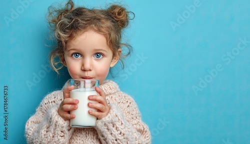 Innocent Joy Little girl delights in a refreshing glass of milk on a sunny blue backdrop, capturing childhood wonder and healthy living, perfect for family-friendly campaigns