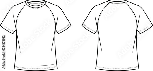 Raglan sleeve T‑shirt illustration, fashion flat sketch, technical garment drawing, front and back view, apparel design, clothing construction, professional artwork