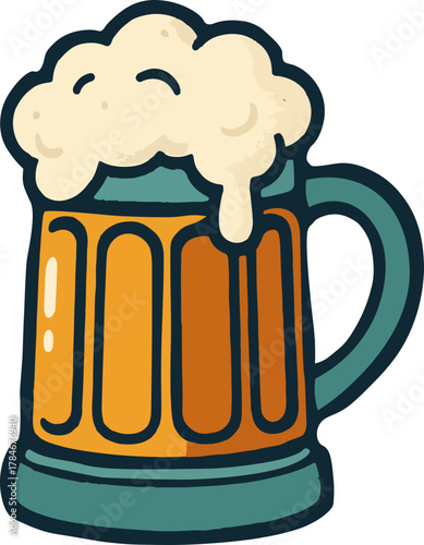 Colorful Cartoon Illustration of a Full Mug of Beer with Frothy Foam and Bubbles on Top, Perfect for Drinks
