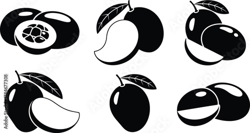 Black and white tropical fruit vector illustration set showing mango and passion fruit icons with leaves, minimal flat graphic design