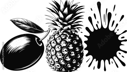 Black and white tropical fruit vector illustration with pineapple plum and juice splash design perfect for vintage food art and branding