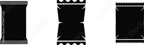 Black silhouette vector illustration of three different snack packaging pouch designs, realistic food bag mockup template collection for branding design presentation