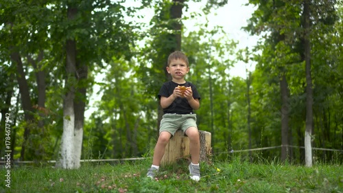 Three year old boy eats cheeseburger sitting on tree stump in park and looks at camera 4k