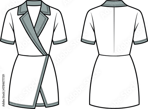 Short sleeve wrap dress illustration, tailored collar design, lapel detail, fashion garment flat, sewing p