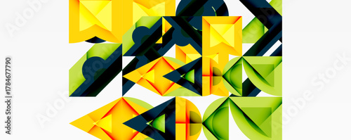 Abstract geometric shapes dominate image. Yellow, green, black hues create dynamic composition. Modern design, sharp angles present visual interest.