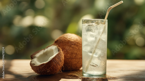 Coconut water in a glass with a straw and ice cubes next to coconuts on a wooden surface