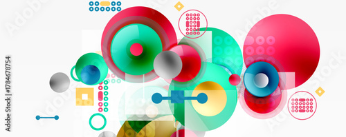 Abstract composition. Circles, squares, lines create dynamic visual experience. Bright colors dominate design. Modern, geometric style.