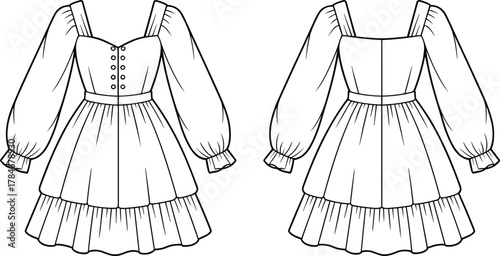 Fototapeta Sweetheart neckline dress illustration, square back, bishop sleeves, button fron