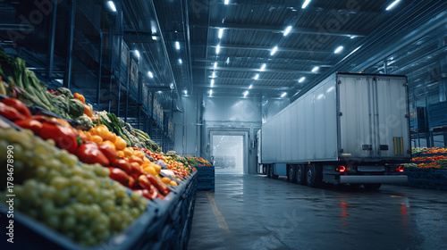 Produce in a warehouse with a truck parked near a loading dock and bright overhead lights