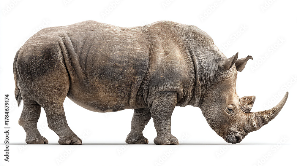 Naklejka premium A rhinoceros standing on a white background with its head lowered to the ground slightly