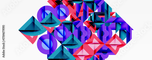 Abstract geometric shapes, vibrant colors, dynamic composition. Modern design, digital art, intriguing patterns, visual complexity.