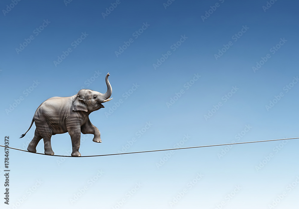 Fototapeta premium A surreal video of an elephant on a tightrope, symbolizing balance, courage, and creativity, perfect for motivational projects. elephant, balance, surrealism, courage, and conceptual art