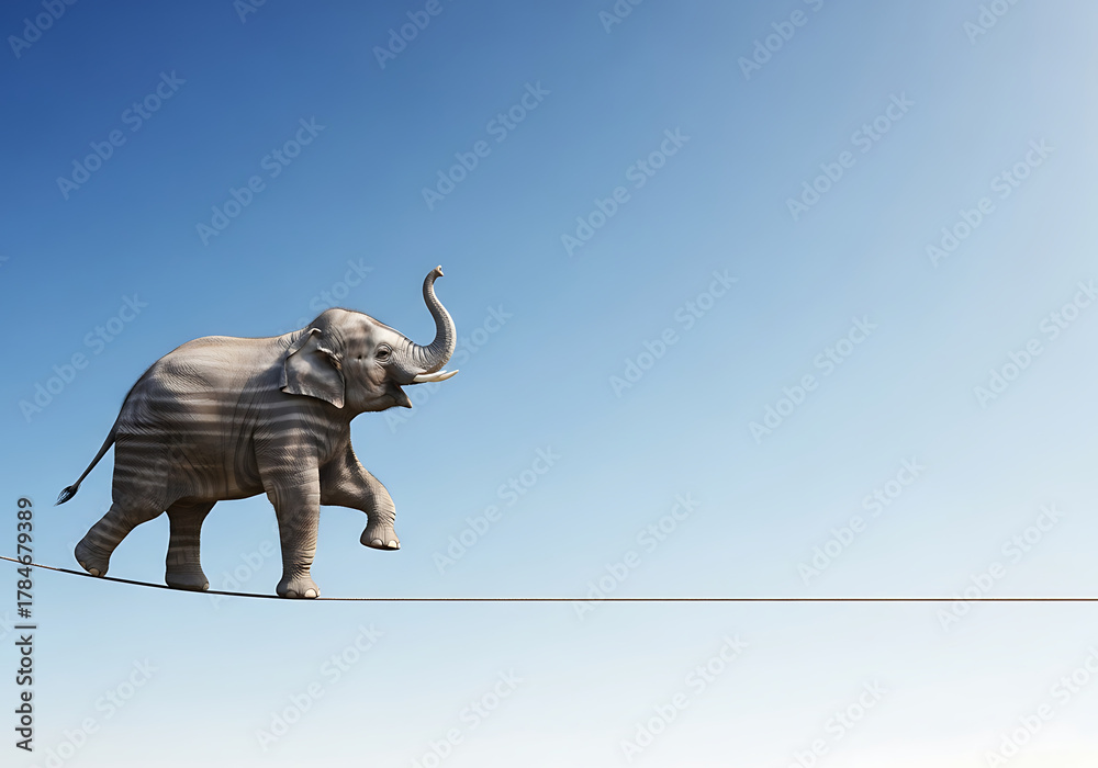Fototapeta premium A surreal video of an elephant on a tightrope, symbolizing balance, courage, and creativity, perfect for motivational projects. elephant, balance, surrealism, courage, and conceptual art