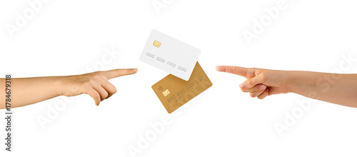 negotiation over credit card options, individuals deliberate contract terms with floating credit cards present, two persons engage in negotiation about payment methods and contractual