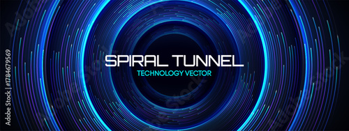 Spiral tech whirlpool with circular pattern abstract radial line and background circle. Vortex shimmering black with modern digital curve center and future illustration update. Arc fantasy blue