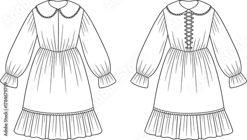 Vintage dress illustration, Peter Pan collar, puff sleeves, lace up back, fashion flat sketch, sewing pattern, costume design artwork