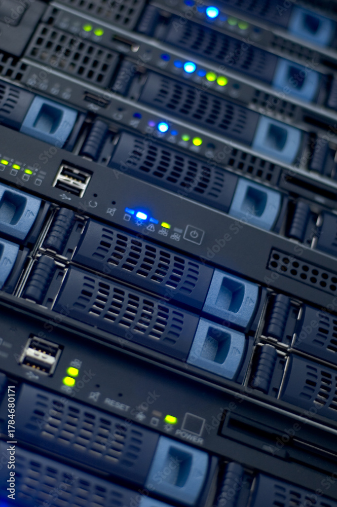 Fototapeta premium Stacked network nas servers for cloud storage